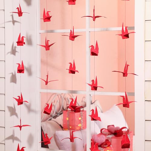 10 Pcs Paper Crane Hanging Garlands Premade Origami Cranes on String Kit Folded Bird Streamers for Japanese Asian Party Decorations Home Family Bridal Shower Supplies(Red)