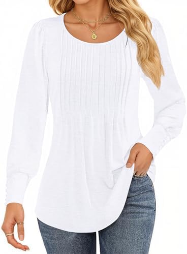 WNEEDU Women's Long Sleeve Puff Blouse Elegant Pleated Tunic Roun...