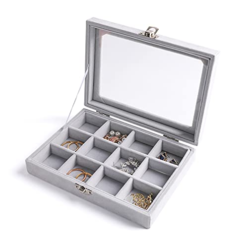 Frebeauty Anneaux/Boucle D’oreille Organisateur Plateau avec Couvercle Transparent Velours Tiroir Insert Bijoux Boîte De Rangement Bijoux Vitrine Vitrine Magasin Boîte À Bijoux (gris, 12 grilles)