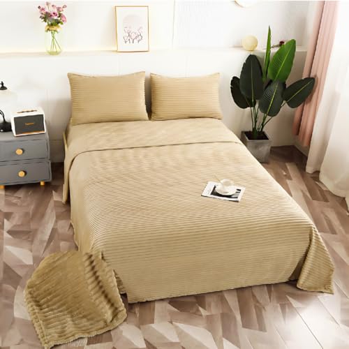 KUMY Juego de Sábanas Coralina Perchado Doble Cara para Invierno -Extra Suave, Ajustable, Diseño Estampado- 3 Piezas (Beis, Cama 90)