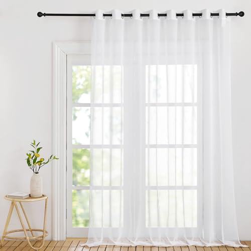 PONY DANCE Visillo Blanco Dormitorio 1 Pieza, Cortinas Transparentes Aspecto de Lino Fitrado de Luz para Ventanas Grandes de Salon/Balcon con Ojales, 300x220cm