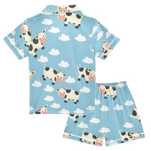 ALAZA Cow White Cloud Pajamas Satin Pajama Set Short Sleeve Button Down Sleepwear2