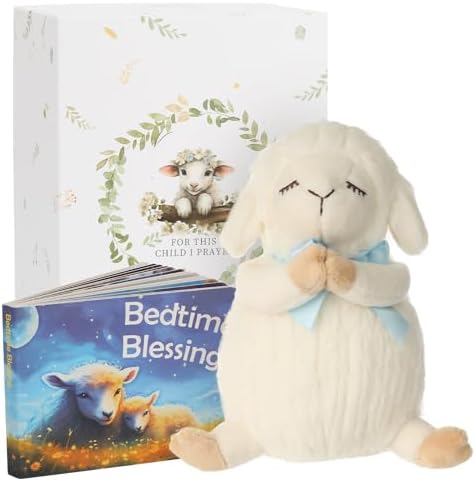 Sawnfay Baptism Gifts for Boys, Baptism Gifts and Newborn Baby, Christening Gifts Set, 7" Praying Lamb Plush Toy and Bedtime Blessing Board Book in Keepsake Gift Box, Ideal Easter Gifts for Kids