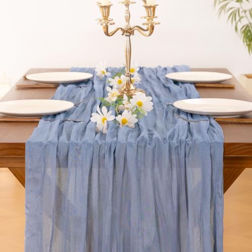 Image of Socomi 2pcs Dusty Blue Easter Spring Cheesecloth Table Runner Boho Rustic Gauze 120 inch 10FT Cheese Cloth Runner for Wedding Party Baby Shower Birthday Home Decor Holiday Decorations