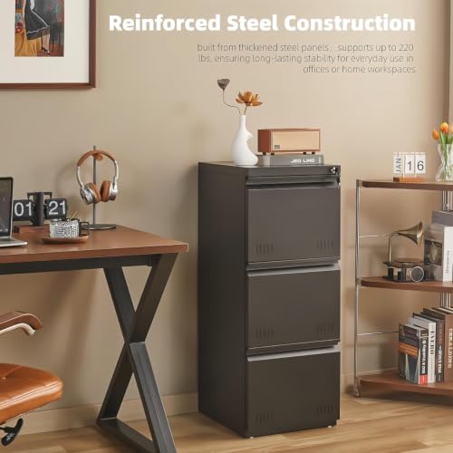Image of Guizeeopo Metal File Cabinet with Lock, Vertical 3 Drawer File Cabinets for Home Office, Heavy Duty Office Storage Cabinet for A4 /Letter /Legal Size, Assembly Required(Black)