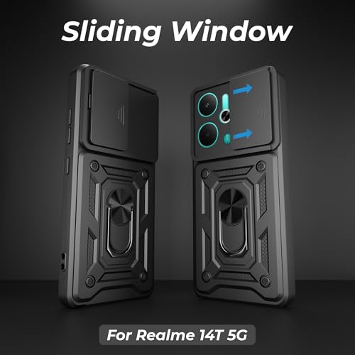Image of A rtistque Armor Bumper Back Case Cover for Realme P3 5G | Stylish Ring Holder & Inbuilt Stand | Sliding Camera Cover | Shockproof TPU Protective Design | Realme P3 Back Cover - Black