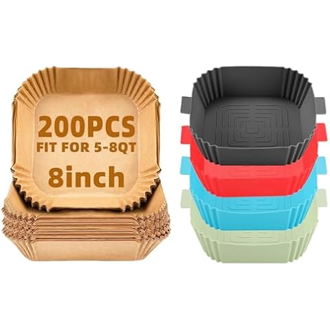 200Pcs 8inch Air Fryer Liners Disposable for 5-8QT Air Fryer and 4Pcs 7.5in Air Fryer Silicone Liners for 3 to 6 Qt,Food Safe Non-Stick Air Fryer Liners Square Free of Bleach,Air Fryer Paper Liners Cover