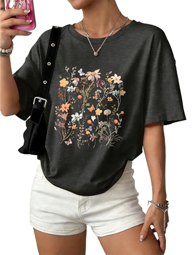 WIHOLL Womens Spring Summer Tops Oversized Loose Fit T Shirts Fashion Clothing Vacation Outfits Graphic Tees Resort Weat Capsule Wardrobe 2026 Flower Print Casual Plus Size XL