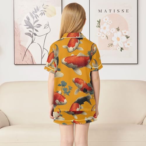 Satin Pajama Sets Short Sleeve Koi Fish Orange Background Button Down Silky Nightwear 2 Piece PJS 5Y,4