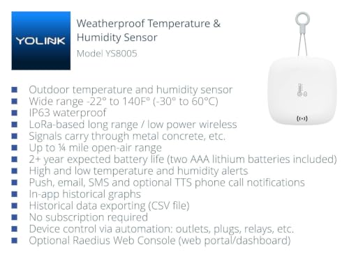 Image of YoLink Smart Outdoor Temperature & Humidity Sensor, Hygrometer, Thermometer, 1000' Long Range, 2+ Years Battery Life, App Alerts, Text /SMS, Email Alerts, Alexa, IFTTT Integration. Hub Included!