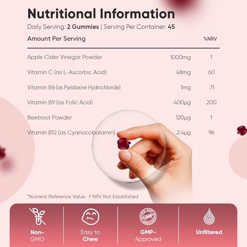 Apple Cider Vinegar Gummies 1000mg - 90 ACV Gummies - with ''The Mother'', Vitamin C, B12, B6, B9 & Beetroot Powder - Vegan & Unfiltered - Image 6