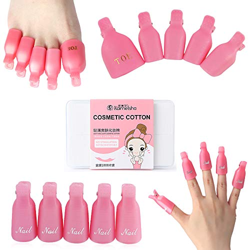 Hostk 1020pcs Nail Polish Remover Clips Soak Off Caps Cleaner Toenail and Finger Nail UV Gel Polish Remover Wrap Wipes Makeup Cotton Pads Reutilizable