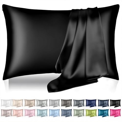 Silk Pillowcase for Hair and Skin, Mulberry Silk Pillow Cases Queen Size, Smooth Anti Acne Cooling Beauty Sleep Both Sides Natural Silk Satin Pillowcases with Hidden Zipper, Gifts for Women Men, Black