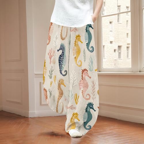 Womens Summer Baggy Marine Life Barrel Wide Leg Casual Loose Flowy Hippie Lantern Trousers with Elastic Waist2