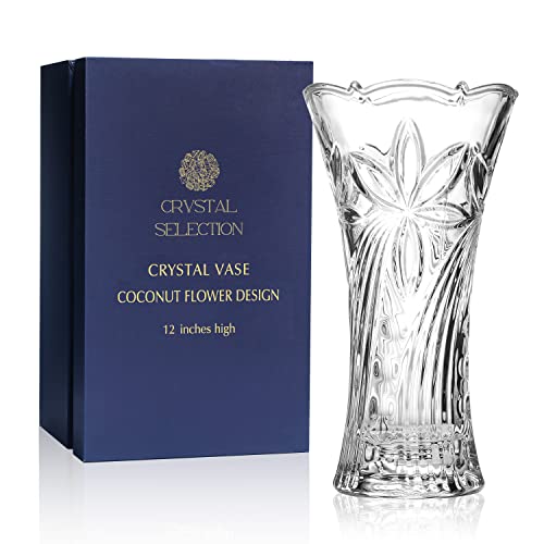 Crystal Clear Crystal Vase,, 12Inch High, For Flowers & Decor, Coconut Flower Design, Lovely Nice Shiny Piece, Suitable For All Occasions, Perfect As A Gift,, Clear #TOP4