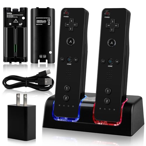 2-in-1 Charger Station for Wii/Wii U Remote Controller, with 2 pcs 2800mAh Rechargeable Battery Packs, USB Plug and USB Cable, 2 Port Charging Station for wii Controller (Remote not includedd)-Black