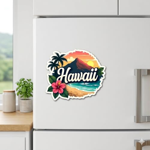 Image of Naxon Hawaii Beach Island Theme Souvenir Wooden Fridge Magnet | Tropical Palm Trees, Ocean Waves & Sunset Design 3x3 Inch Refrigerator Magnet for Kitchen | Travel Gift from Hawaii | Pack of 1