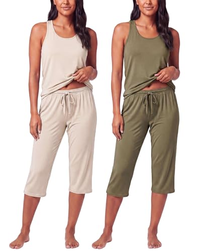 Image of Real Essentials 2 Pack: Women's Tank Top & Capri Pajama Set - Super-Soft Sleeveless Summer Loungewear (Plus Size Available)