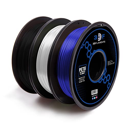 3DF 3D Printing Filament – PETG Filament 1.75mm | Dimensional Accuracy +/- 0.02mm | 1.5kg (0.5kg per Spool) | Pack of 3 | Blue Black White Bundle