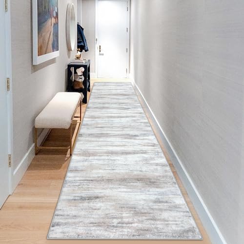 KOZYFLY Runner Rug 3x10 Modern Ombre Runners for Hallways, Washable Rugs for Bedroom Non-Slip Soft Stain Resistant Striped, Print Distressed Beige Abstract Carpet for Living/Laundry/Kid Room