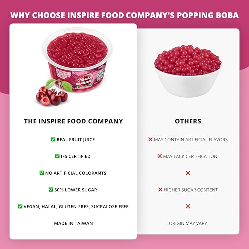 The Inspire Food Company Popping Boba Pearls for Bubble Tea - 450gm | Cherry | Bursting Pearls Bubble | Real Fruit Juice For Shakes, Dessert,Smoothie | 100% Vegan & Glutenfree, No Artificial Colors