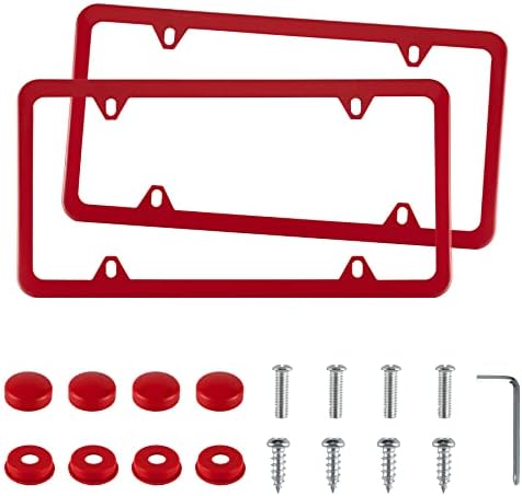 GaRhomxy License Plate Frames, 2 PCS 4 Holes Stainless Steel License Plate Holder, Car Licenses Plate Covers Protector Frame for Plates with Screw Caps, Automotive Exterior Accessories (Red)