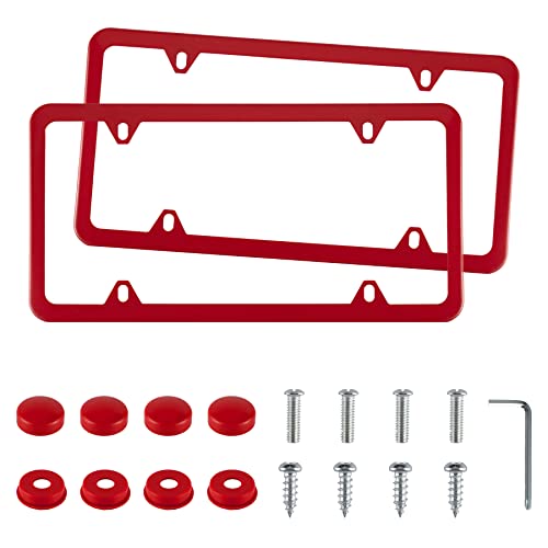 Garhomxy License Plate Frames, 2 Pcs 4 Holes Stainless Steel License Plate Holder, Car Licenses Plate Covers Protector Frame For Plates With Screw Caps, Automotive Exterior Accessories (Red) #TOP2