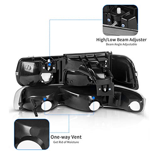 Dwvo Headlight Assembly Compatible With 1999-2002 Chevy Silverado / 2000-2006 Chevrolet Tahoe Suburban With Bumper Lights Clear Reflector Black Housing #TOP3