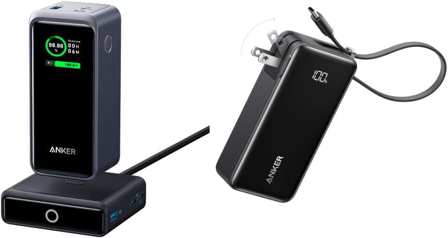 Anker Prime Power Bank 200W, 20,000mAh Portable Charger 3-Port with 100W Charging Base 3-in-1 Portable iPhone Charger, 10,000mAh Power Bank with Built-in USB-C Cable and Foldable AC Plug