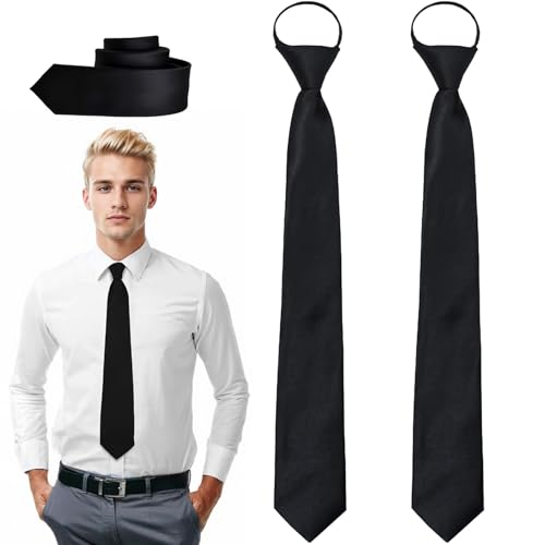 2 Stück Krawatte Schwarz Vorgebundene Krawatten für Herren, Verstellbare Schmale Krawatten mit Reißverschluss, Vorgebundenen Knoten Krawatten Schlips Herrenkrawatte für Geschäft, Büro, Hochzeiten