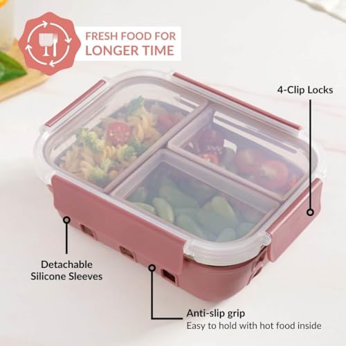 Image of Nestasia Glass Lunch Box with Silicone Sleeve (1000ml) - Borosilicate Glass Lunch Box with 3 Compartments for Office | Microwave & Freezer Safe, Leak-Proof Tiffin Box with Clip Locks (Mauve)