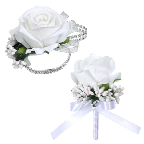Lusofie White Rose Corsage & Boutonniere Set 2 Pcs Wedding Flower Set with Rhinestone Wristlet Band Prom Wrist Corsage for Bride Bridesmaid Mother of the Bride Homecoming & Formal Events