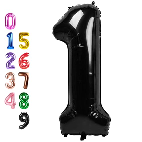 Image of Number Balloons 1 Balloon Black for 1st Birthday Party Decorations, 40 inch | Saturated Color, Large 40 inch, With Inflation Straw & Hanging Holes, Great for Men's Birthday, Gothic Theme Party, Halloween