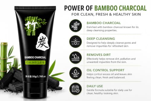 Image of Bamboo Charcoal Face Wash for Men & Women | Deep Cleansing Facial Cleanser | Helps Remove Dirt Oil & Impurities | Refreshing Face Cleanser for Oily & Combination Skin | Daily Use | 50g