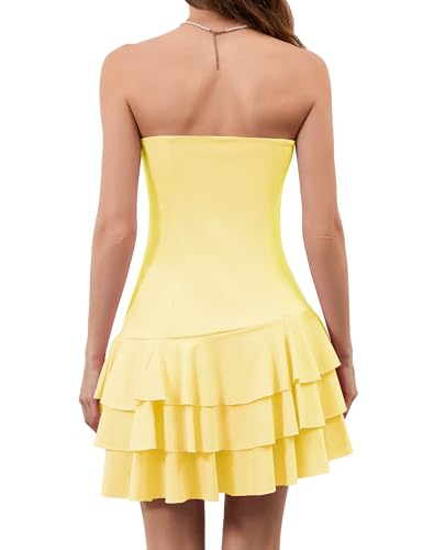 Image of Meladyan Women's 2025 Summer Strapless Tube Dress Sexy Off Shoulder Ruffle Tiered Flowy Mini Dresses Yellow