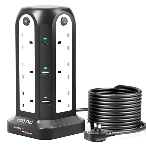 Tower 12 Way Surge Protected Extension Lead with USB and USB-C, 3250W