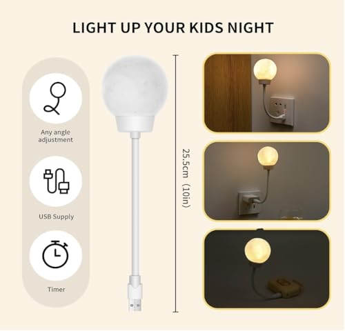 Image of Smart Moon Night Light for Kids, USB Plug-in LED Lamp with 3-Color Dimming & Voice Control, Decorative Moon Nightlight for Bedroom & Bedside