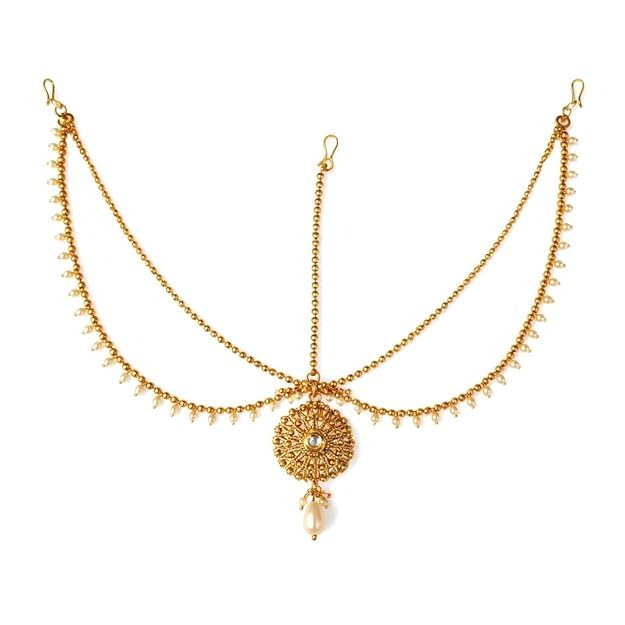anuradha Art Jewellery Adorable golden finish three-layer pearl and shimmering white stone stud Matha Patti/mang tikka/bridal hair jewellery for women and girls.-picture-40