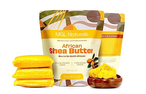 MGL Naturals, manteca de karité africana sin refinar, 100 % pura, cruda, vegana y orgánica. Nutritiva e hidratante. Úsalo solo o recetas de bricolaje. 1 kg