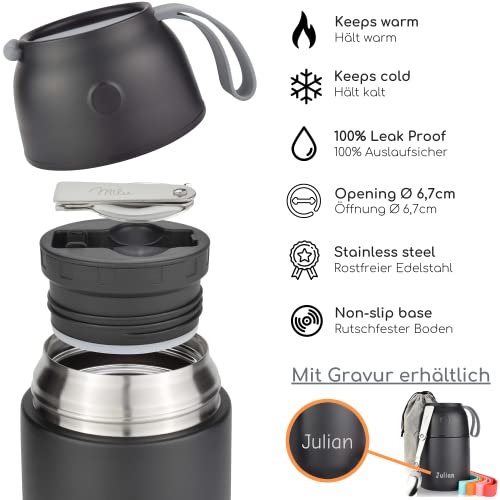Image of Milu Thermal Food Container 650 ml, Stainless Steel Warming Container with Spoon, Thermal Food Mug, Thermal Lunch Box for Children, Adults, Thermal Box Soups, Baby Porridge, Food Container Black, 650