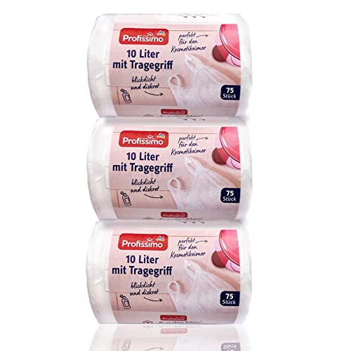 Profissimo Kosmetikeimer Müllbeutel mit Tragegriff - 10 Liter - 225 Stück (3x75) - Reißfest & Flüssigkeitsdicht Cover