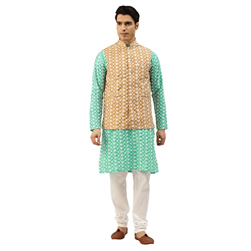 Image of SOJANYA (Since 1958 Men's Silk Blend Light Green Kurta & Nehrujacket with White Pyjama Combo