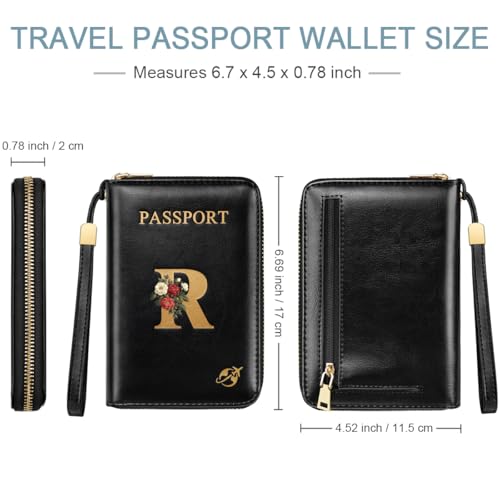 Passport Holder Cover Wallet with Zipper Personalized Initial Letter R Rose Flower RFID Blocking Travel Wallets Credit Cards Holder for Women, Gift for Wife and Girlfriend,R4
