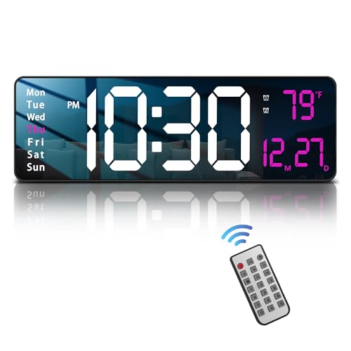 Image of JoFomp Modern 16 inch Large Digital Wall Clock with Remote Control, LED Display, Auto-Dimming, Countdown, Temperature, Calendar - 12 /24Hr Format - Silent Wall Clock for Home, Office, or Gym Use (Pink)
