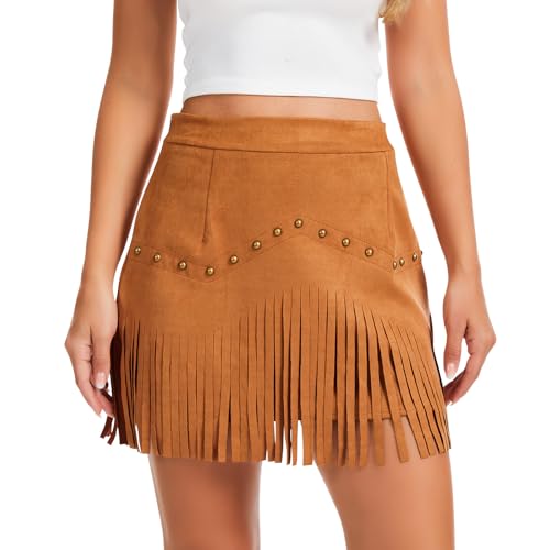 Wildox Western Cowgirl Fringe Skirt,High Waisted Mini Suede Skirts,Country Concert Rave Festival Booty Tassel Bottoms Brown