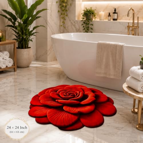 Image of Red Rose Decorative Floor Mat | Anti-Slip, Water Absorbent & Machine Washable | Premium Soft Microfiber Decorative Rug for Home, Living Room & Bedroom | 25x25 Inch, (Red, Rose Flower)