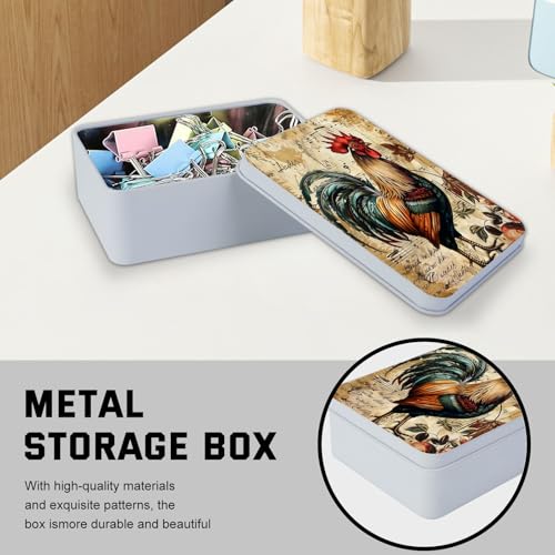 Image of Metal Tin Box with Lid,Multi-functional Storage Large Box Can Store Tea Biscuits Game Cards, Playing & Tarot Cards-Comes with 4 Magnetic Cord Clips,Vintage Rooster Art
