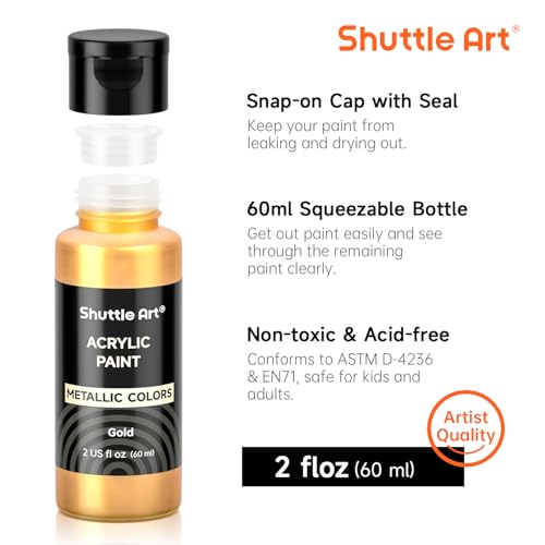 Image of Shuttle Art 30 Colors Metallic Acrylic Paint, Artist Grade Metallic Paint in Bottles (60ml, 2oz), Rich Pigmented, High Viscosity, Non-Toxic for Artists, Beginners on Rocks Crafts Canvas Wood Fabric