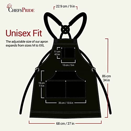 Chefspride Professional Chef Apron For Men & Women - 100% Cotton Adjustable Kitchen Chef Apron With Cross Back & Tool Pockets, Black With Black Straps #TOP5