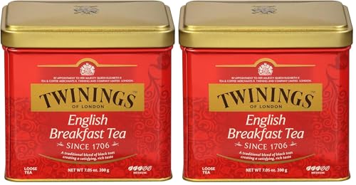 Image of Twinings English Breakfast Loose Tea Tin, 7.05 Ounce Tin (Pack of 2), Smooth, Flavourful, Robust Black Tea Leaves, Caffeinated, Enjoy Hot or Iced